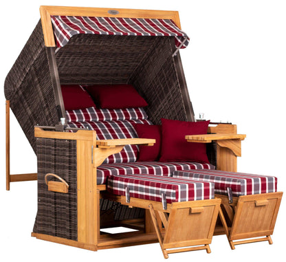 Strandkorb deVries PURE Friesland Sylt Teak PE stone grey Dessin 230 mit XL-XXL Liegefunktion und rot karierten Polstern