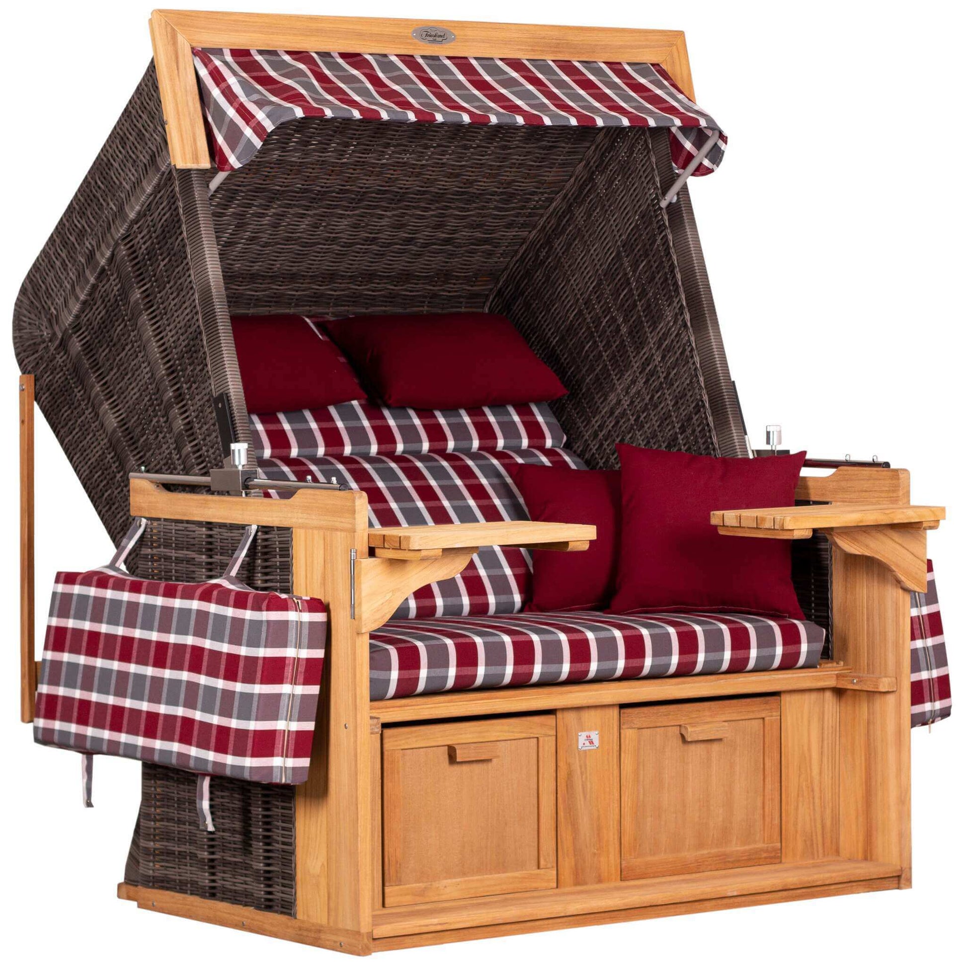 Strandkorb deVries PURE Friesland Sylt Teak PE stone grey Dessin 230 in XL/XXL mit rot-karierten Polstern und Stauraum