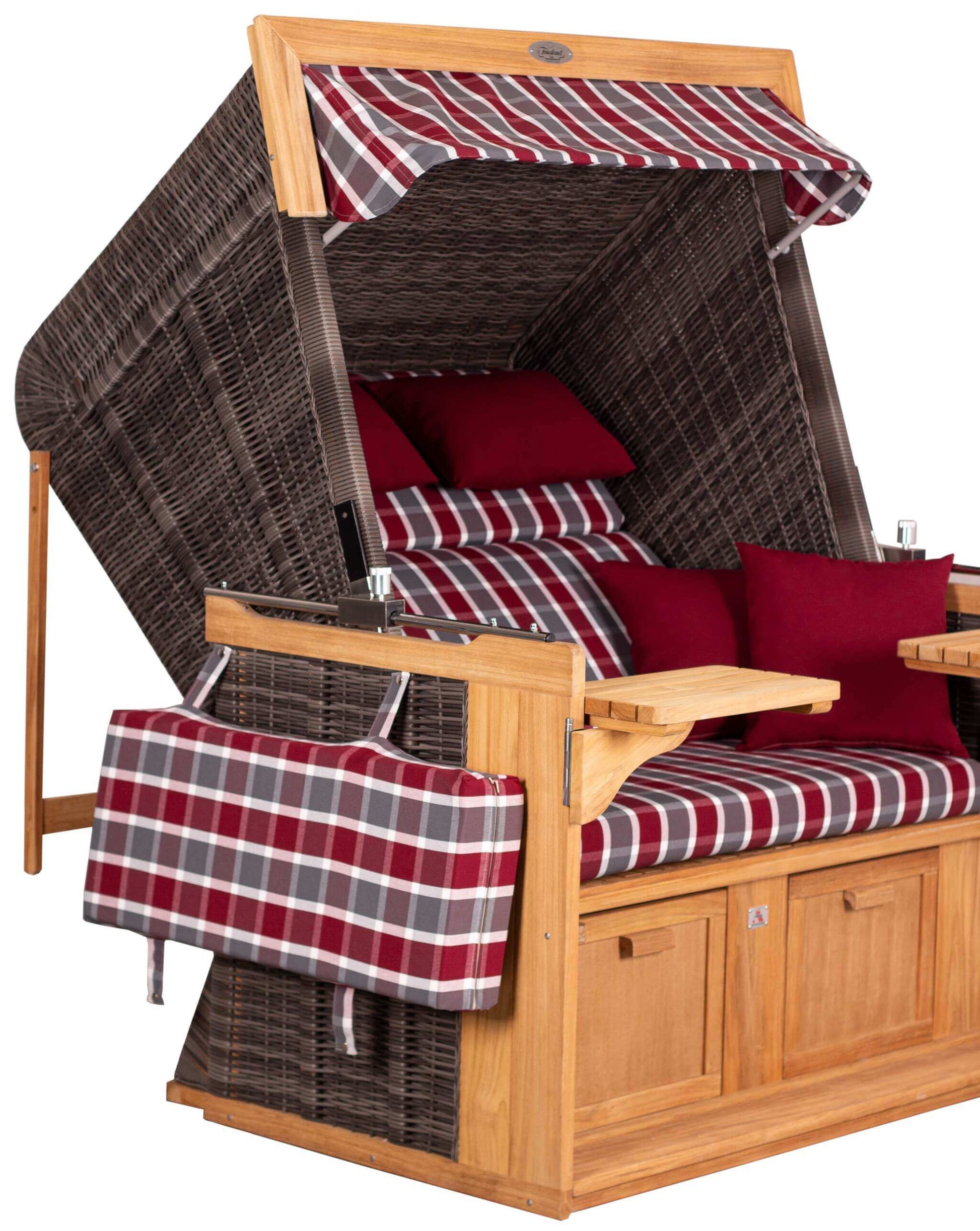 Strandkorb deVries PURE Friesland Sylt Teak PE stone grey Dessin 230 mit rot karierten Polstern in XL Größe seitlich frontal