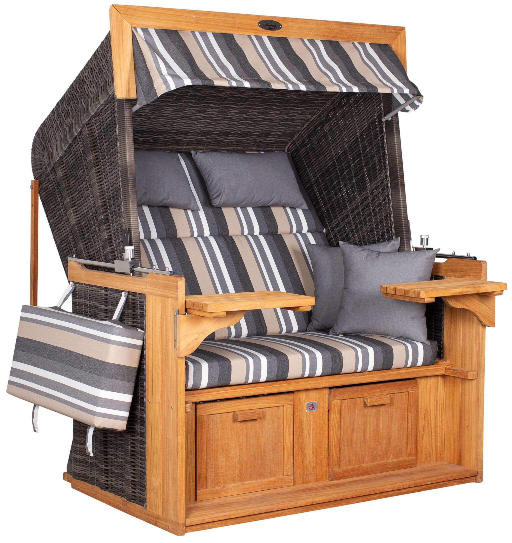 Strandkorb deVries PURE Friesland Sylt Teak stone grey Dessin 158 in XL/XXL mit Kissen und Markise aus PE-Geflecht