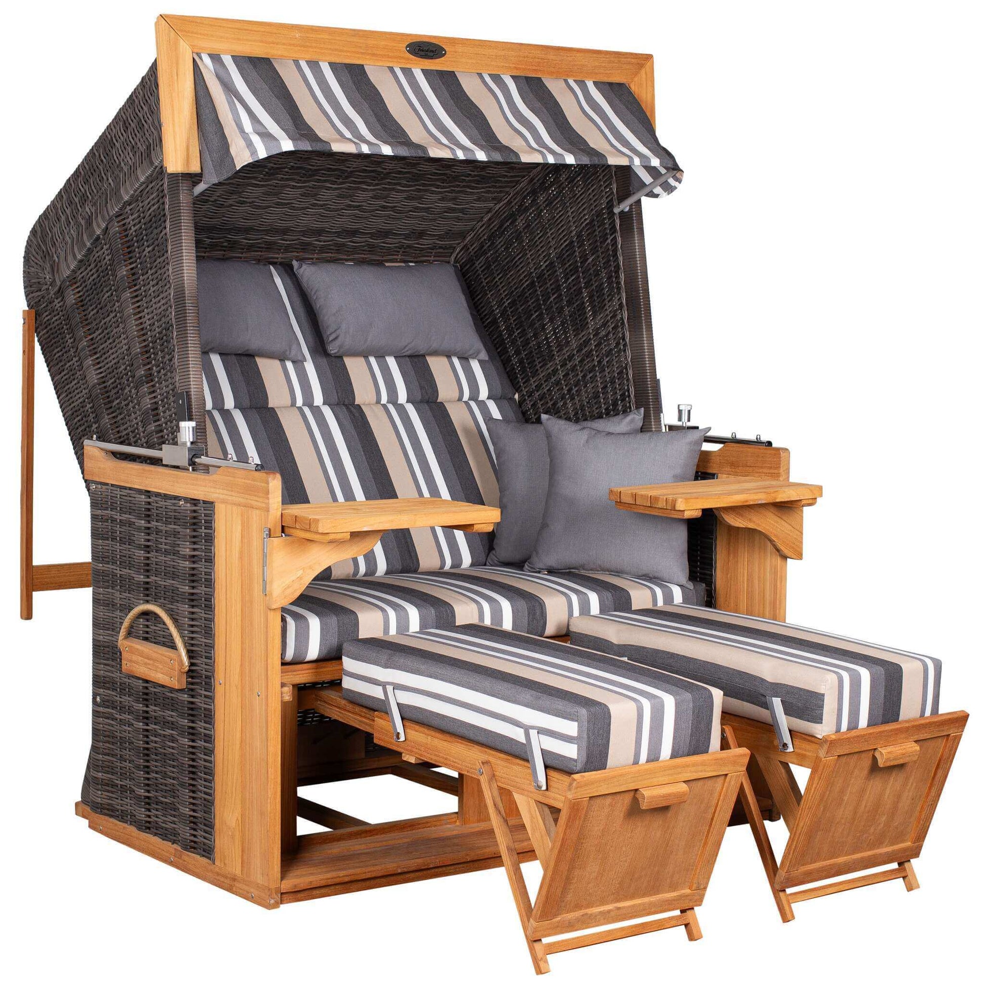 Strandkorb deVries PURE Friesland Sylt Teak PE stone grey Dessin 158 XL XXL mit Fußstützen und grauen Streifenpolstern