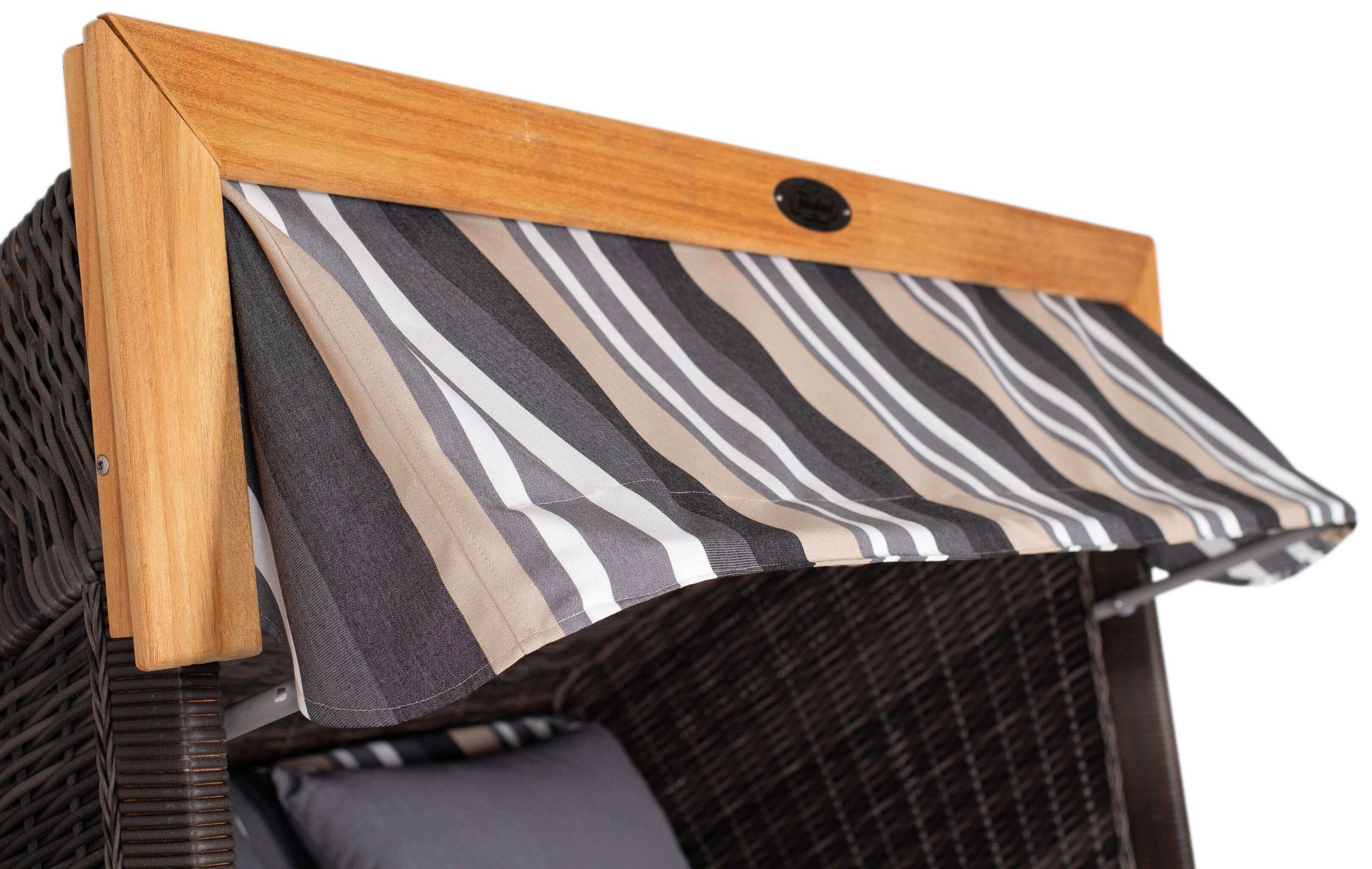 Strandkorb deVries PURE Friesland Sylt Teak PE stone grey Dessin 158 mit grau-beige gestreiftem Sonnendach Detailansicht