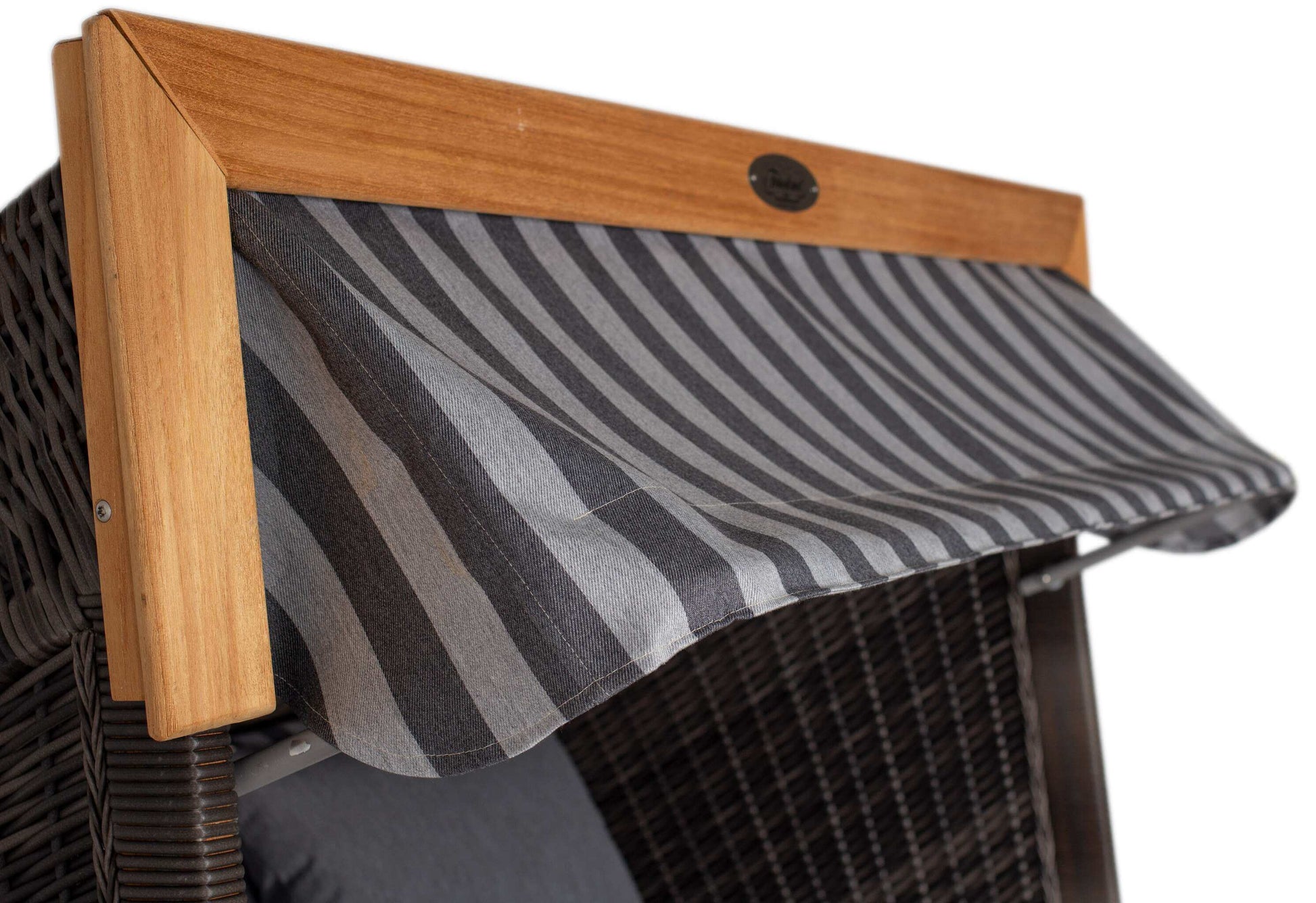 Strandkorb deVries PURE Friesland Sylt Teak PE stone grey Dessin 254 Detail mit grau-gestreiftem Sonnendach