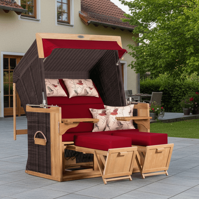 Strandkorb deVries PURE Friesland Sylt Teak PE stone grey Dessin 107 in XL auf Terrasse mit roten Polstern und Fußstützen