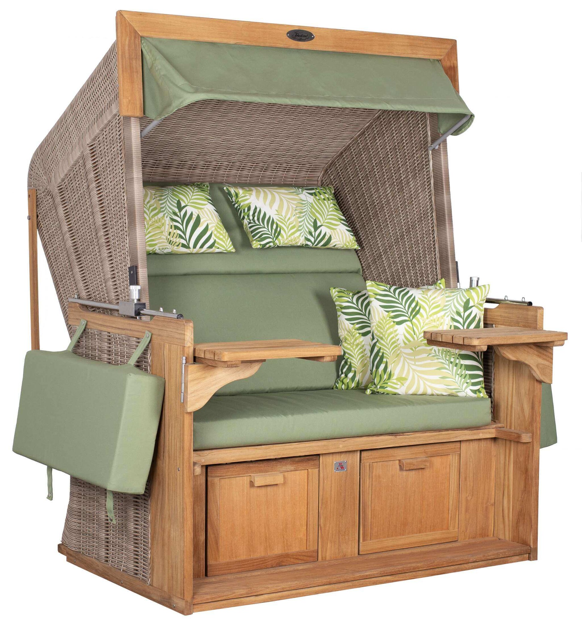 Strandkorb deVries PURE Friesland Sylt Teak PE white kubu Dessin 242 in Grün mit Teakholz-Korpus, XL XXL Premium Strandkorb