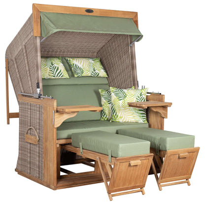 Strandkorb deVries PURE Friesland Sylt Teak PE white kubu Dessin 242 in Grün, XL XXL Strandkorb mit verstellbaren Fußstützen