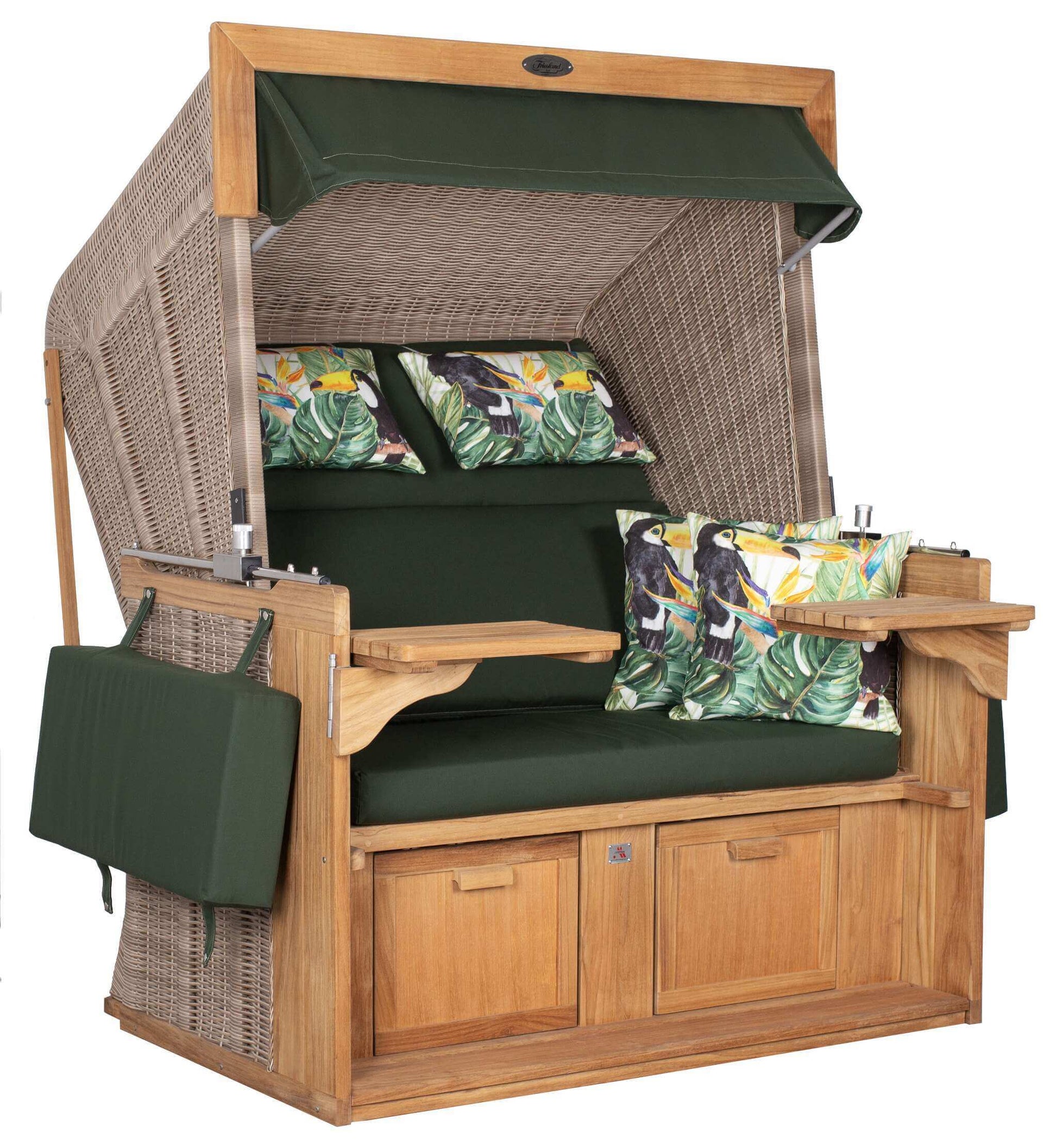 Strandkorb deVries PURE Friesland Sylt Teak PE white kubu grün mit XL Sitzfläche und Deko-Kissen, luxuriöser Garten Strandkorb