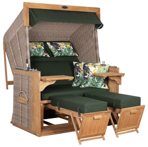 Strandkorb deVries PURE Friesland Sylt Teak PE white kubu Dessin 244 grün, XL XXL Luxus-Strandkorb mit Fußstützen und Polstern