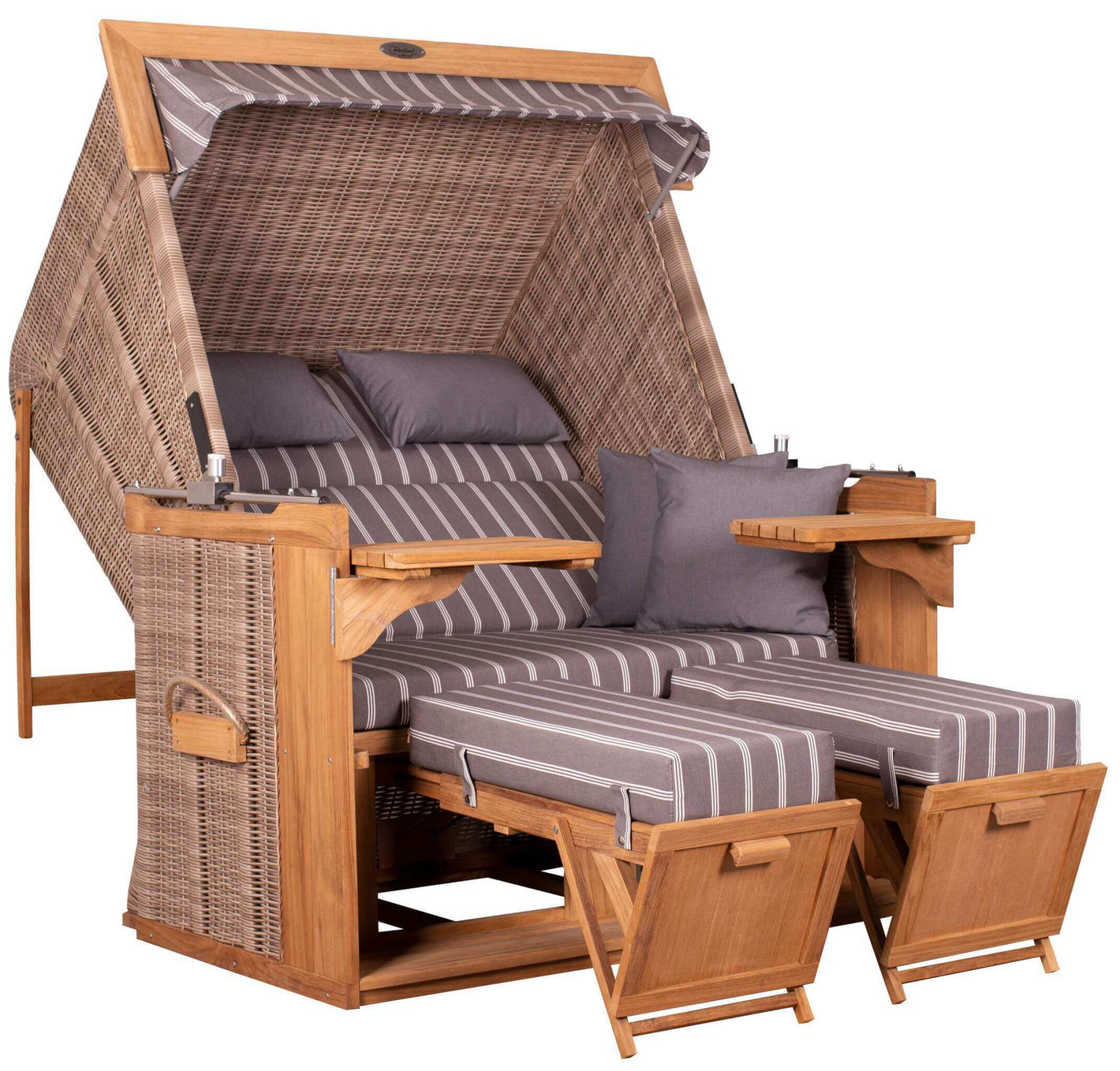 Strandkorb deVries PURE Friesland Sylt Teak PE white kubu Dessin 235 in Grau mit Liegefunktion und Fußstützen, Modell XL XXL