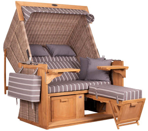 Strandkorb deVries PURE Friesland Sylt aus Teak mit PE white kubu Geflecht und Dessin 235 Polstern in Grau gestreift