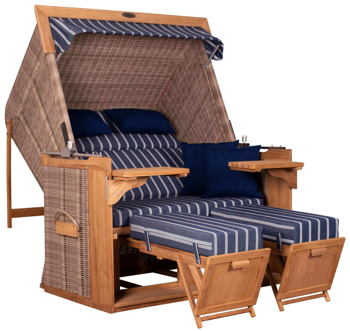 Strandkorb deVries PURE Friesland Sylt Teak PE white kubu Dessin 236 XL XXL mit blauen Streifenpolstern und Komfortausstattung