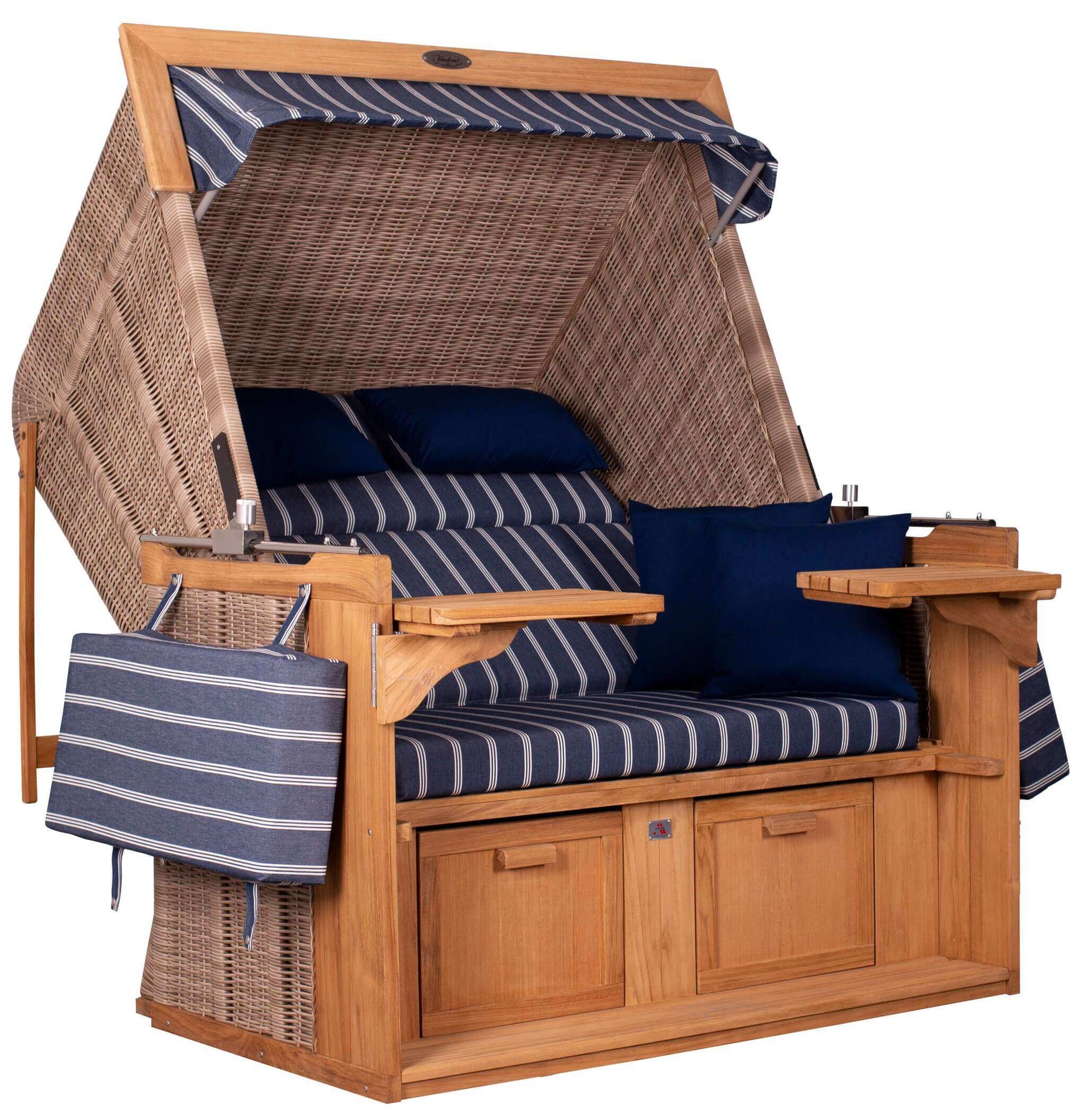 Strandkorb deVries PURE Friesland Sylt Teak PE white kubu Dessin 236 XL XXL mit blau-gestreifter Polsterung und Seitentaschen
