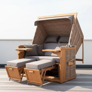 Strandkorb deVries PURE Friesland Sylt Teak PE white kubu Dessin 466 XL XXL auf Terrasse mit Polstern und Fußstützen