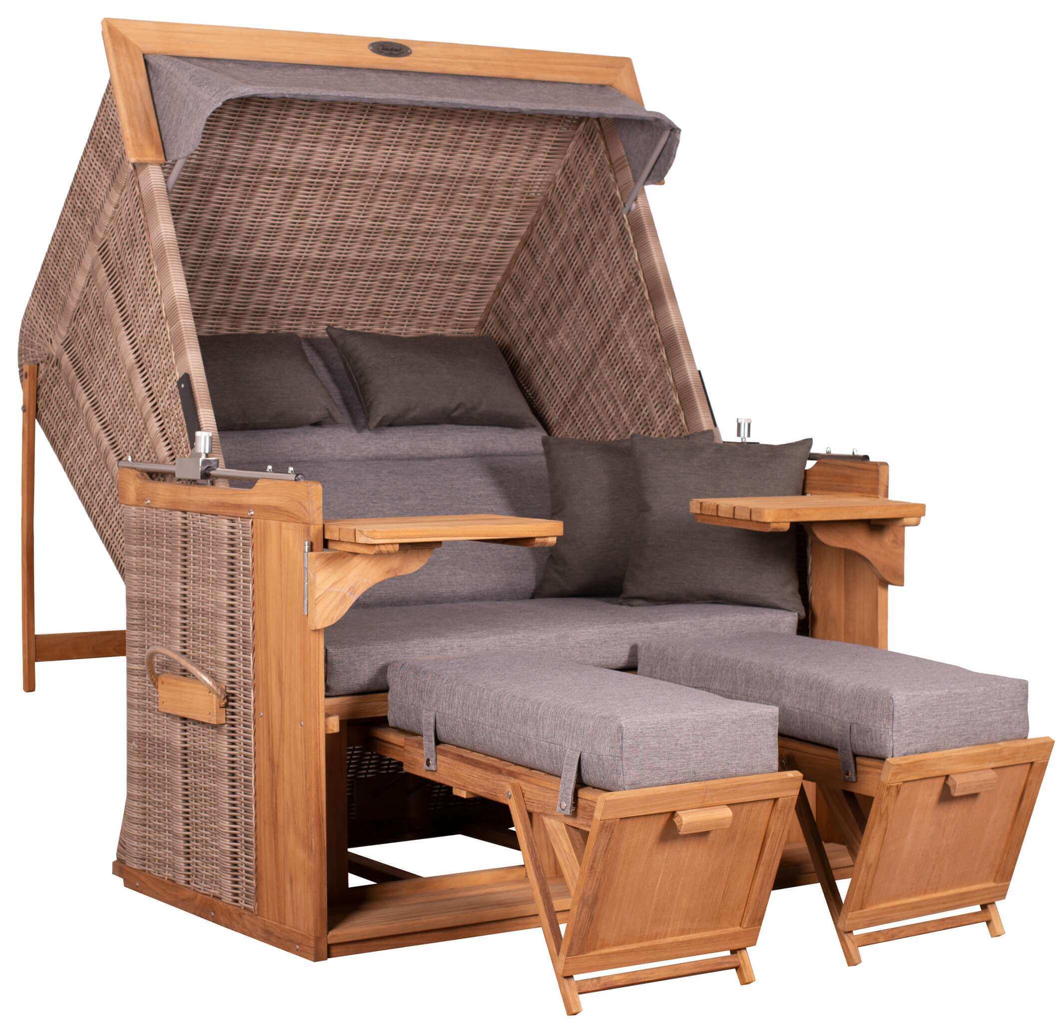 Strandkorb deVries PURE Friesland Sylt Teak PE white kubu Dessin 466 in XL mit Fußstützen und grauen Polstern