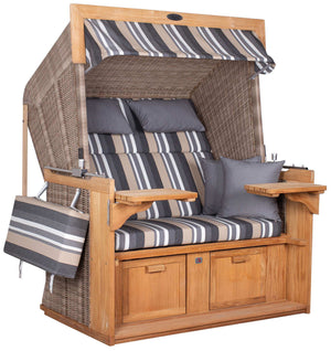 Strandkorb deVries PURE Friesland Sylt Teak PE white kubu Dessin 158 in Grau-Beige Streifenpolster, Modell XL XXL für Garten und Terrasse