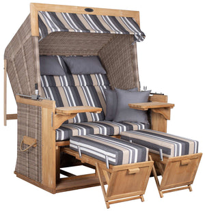 Strandkorb deVries PURE Friesland Sylt aus Teakholz mit PE white kubu Geflecht und Dessin 158 in Grau-Beige gestreift