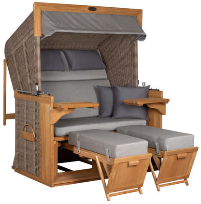 Strandkorb deVries PURE Friesland Sylt aus Teakholz mit PE-Geflecht, XL und XXL Varianten, inkl. Rückholfeder.