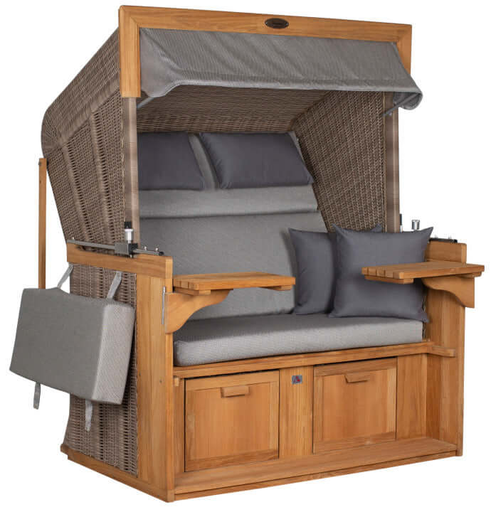 Strandkorb deVries PURE Friesland Sylt Teak PE white kubu Dessin 251 mit gepolsterten Kissen und Tisch