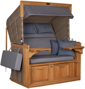 Strandkorb deVries PURE Friesland Sylt Teak PE white kubu Dessin 253 in XL mit grauen Polstern und Klapptischen vorneansicht