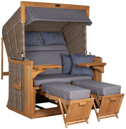 Strandkorb deVries PURE Friesland Sylt Teak PE white kubu Dessin 253 in XL mit Fußstützen und Klapptischen seitliche Ansicht