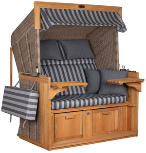 Strandkorb deVries PURE Friesland Sylt Teak PE white kubu Dessin 254 in Grau mit Komfortpolsterung, verfügbar in XL und XXL