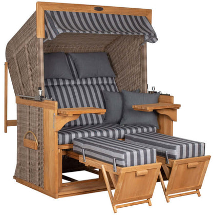 Strandkorb deVries PURE Friesland Sylt Teak PE white kubu Dessin 254 in XL XXL mit grauen Streifenpolstern und Fußstützen