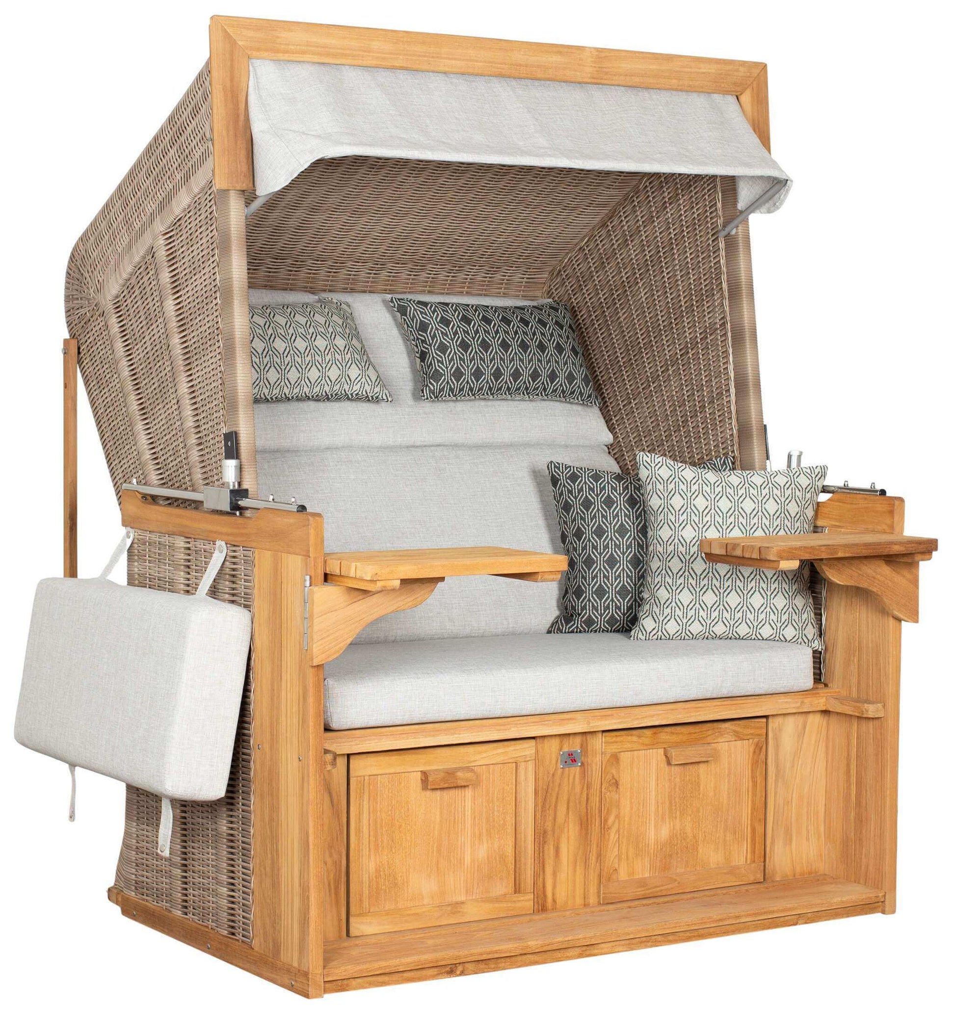 Strandkorb deVries PURE Friesland Sylt Teak PE white kubu Dessin 507 in XL XXL mit Teakholz-Korpus und hellgrauen Polstern