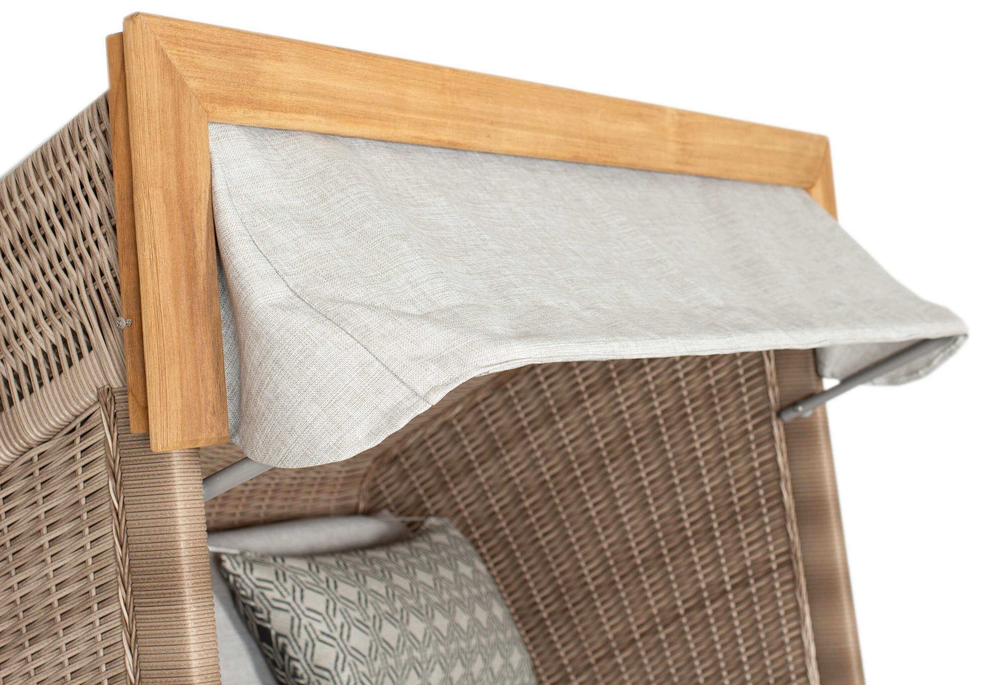 Strandkorb deVries PURE Friesland Sylt Teak PE white kubu Dessin 507 mit Sonnenmarkise Detailansicht