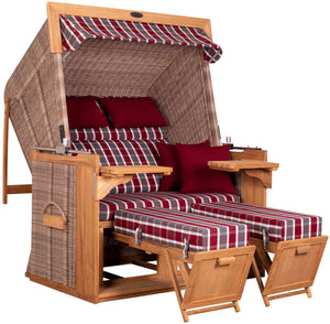 Strandkorb deVries PURE Friesland Sylt Teak PE white kubu Dessin 230 in XL mit rot karierten Polstern und Fußstützen seitlich frontal