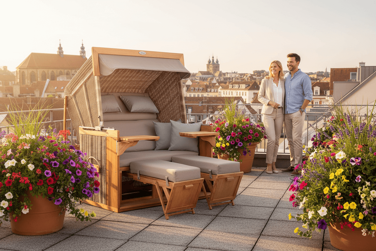 Strandkorb deVries PURE Friesland Sylt Teak PE white kubu Dessin 483 auf Dachterrasse mit Paar und Blumen, XL XXL Variante