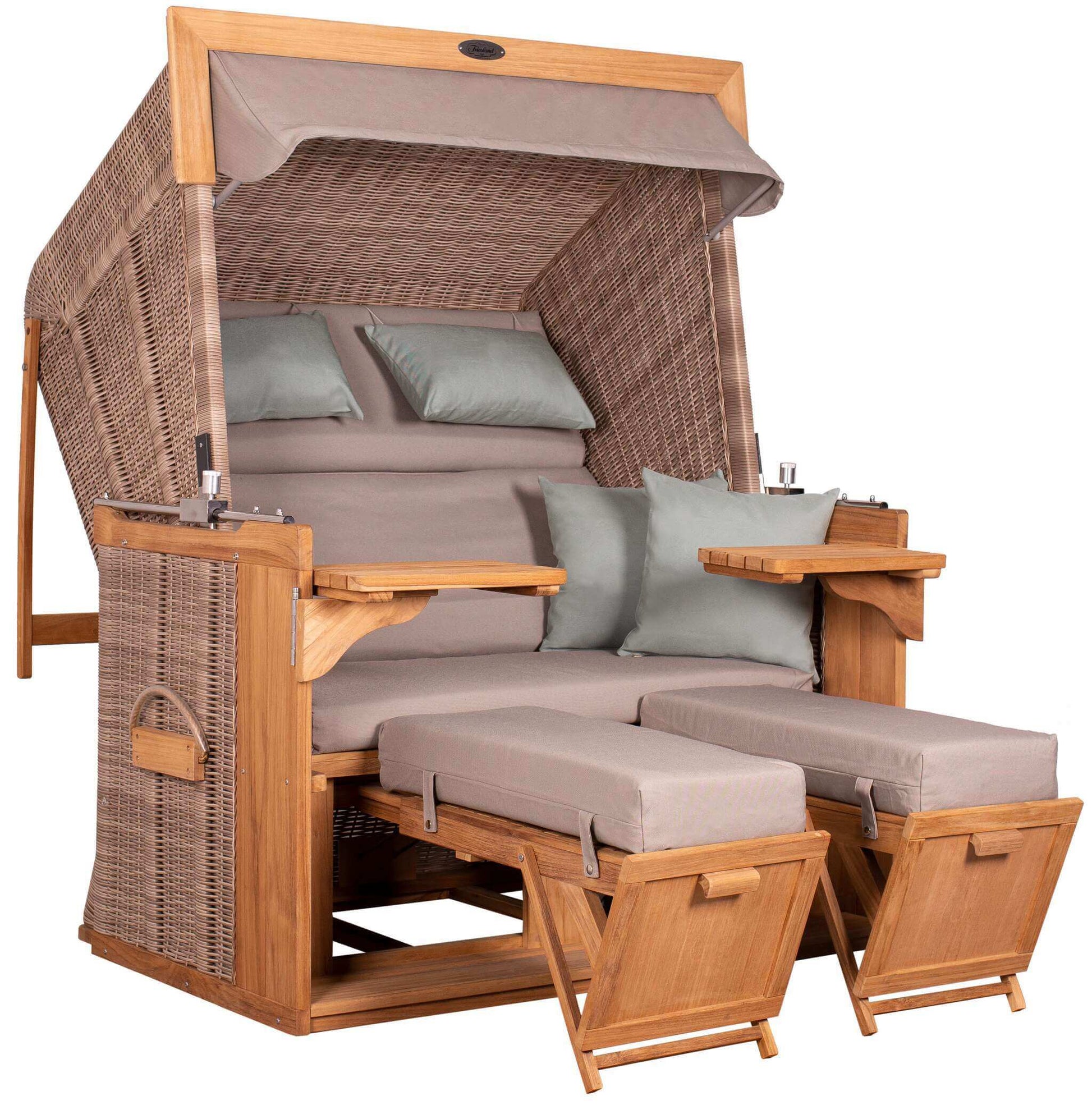 Strandkorb deVries PURE Friesland Sylt Teak PE white kubu Dessin 483 in XL mit Fußstützen und Polstern in Beige
