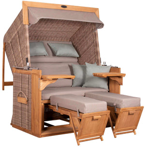 Strandkorb deVries PURE Friesland Sylt Teak PE white kubu Dessin 483 in XL mit Fußstützen und Polstern in Beige