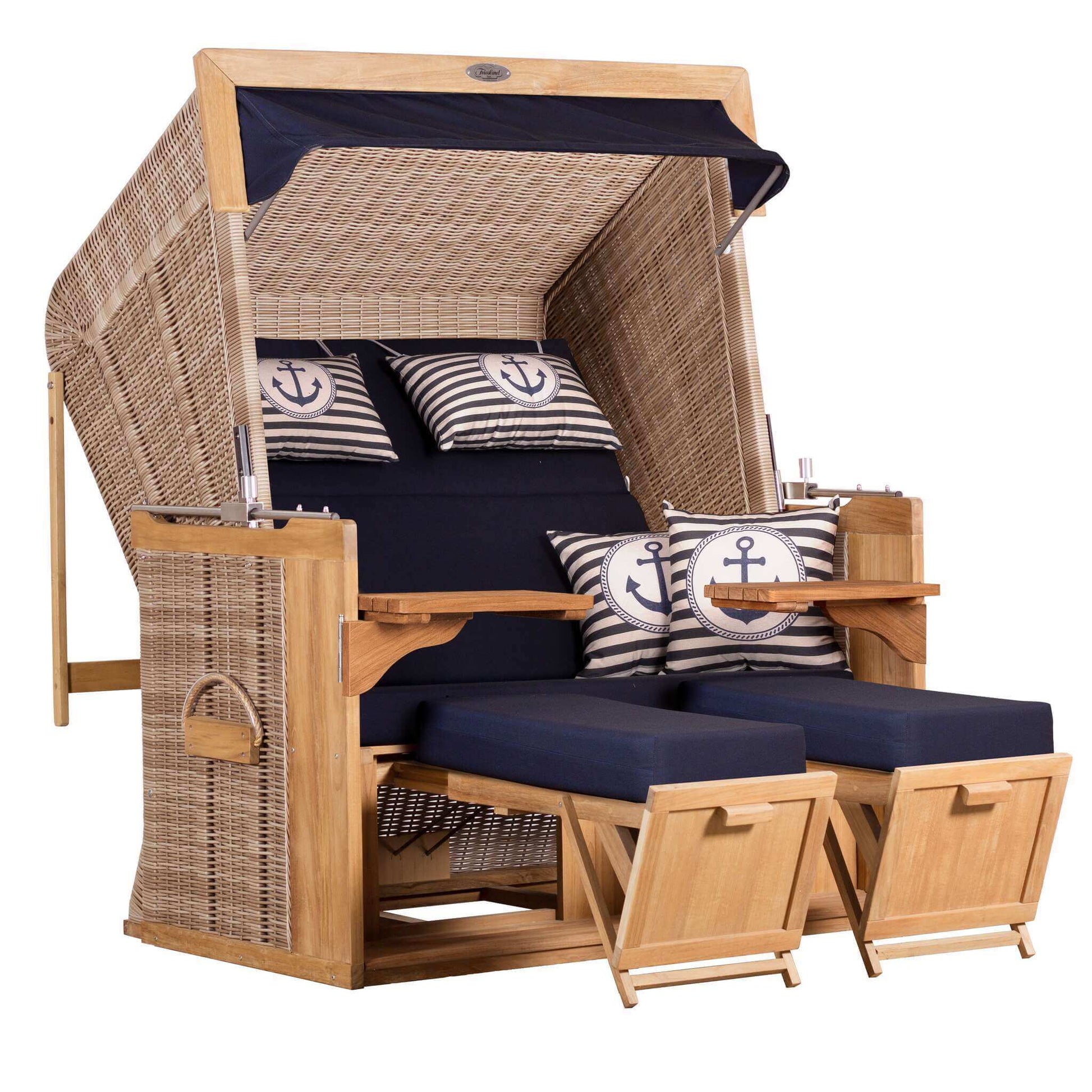 Strandkorb deVries PURE Friesland Sylt Teak PE white kubu Dessin 198 in XL mit blau-weiß maritimen Kissen und Fußstützen