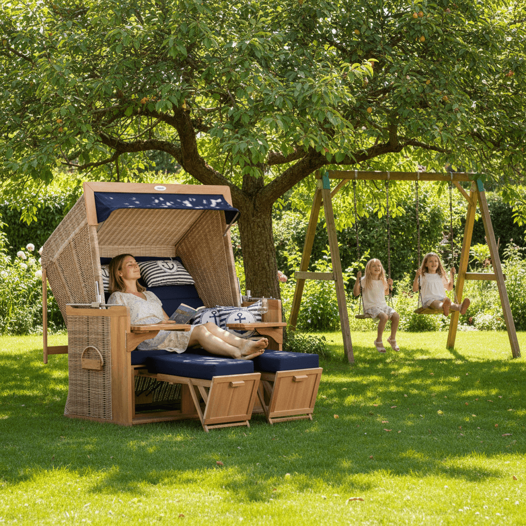 Strandkorb deVries PURE Friesland Sylt Teak PE white kubu Dessin 198 XL im Garten, Frau entspannt, Kinder schaukeln daneben