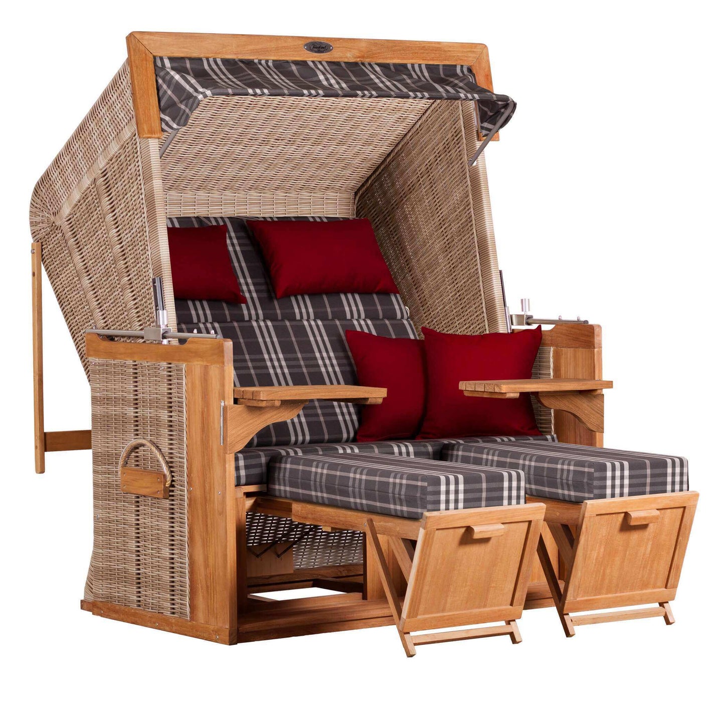 Strandkorb deVries PURE Friesland Sylt Teak PE white kubu Dessin 188 in XL XXL mit verstellbaren Fußteilen und Kissen grau-rot