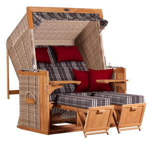 Strandkorb deVries PURE Friesland Sylt Teak PE white kubu Dessin 188 in XL XXL mit verstellbaren Fußteilen und Kissen grau-rot
