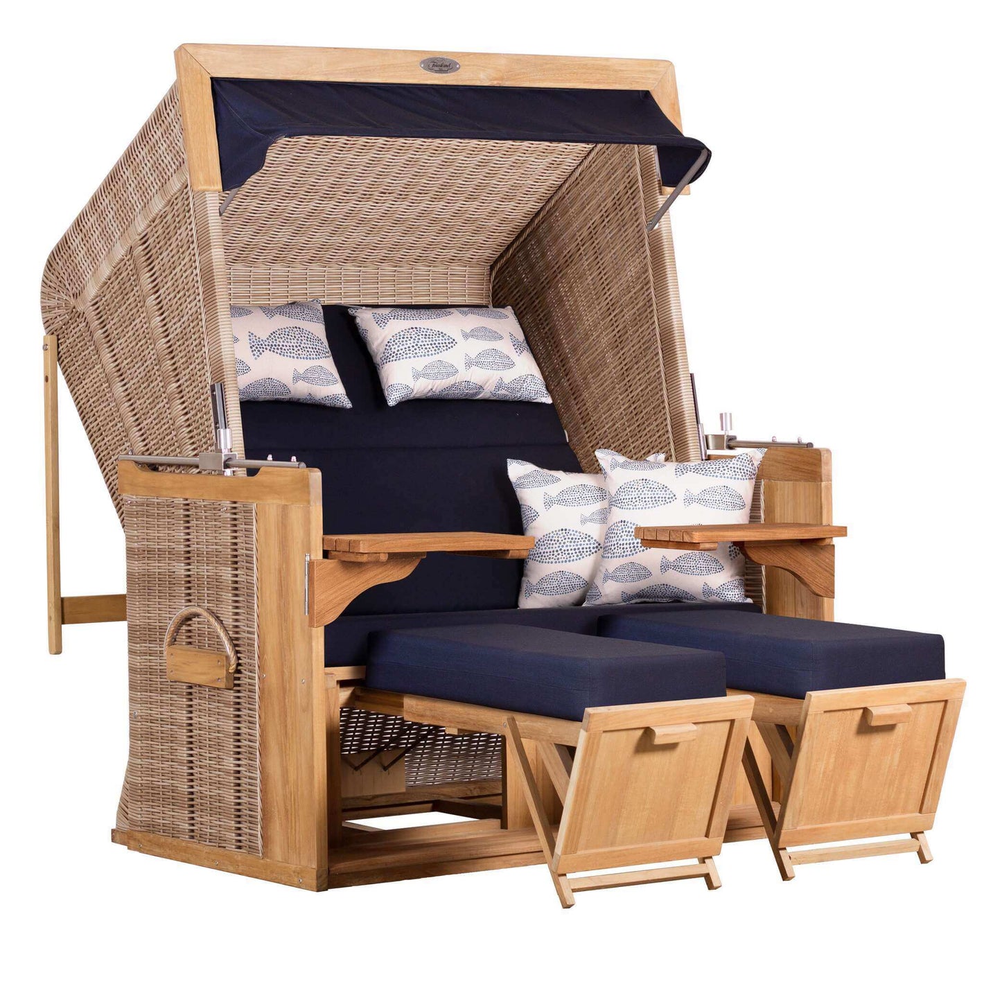 Strandkorb deVries PURE Friesland Sylt Teak PE white kubu Dessin 197 in XL/XXL mit dunkelblauen Polstern und Fußstützen