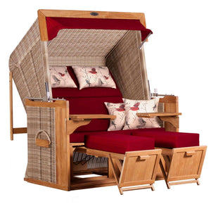 Strandkorb deVries PURE Friesland Sylt Teak PE white kubu Des. 107 Vögel rot in XL XXL mit roten Polstern und Fußstützen