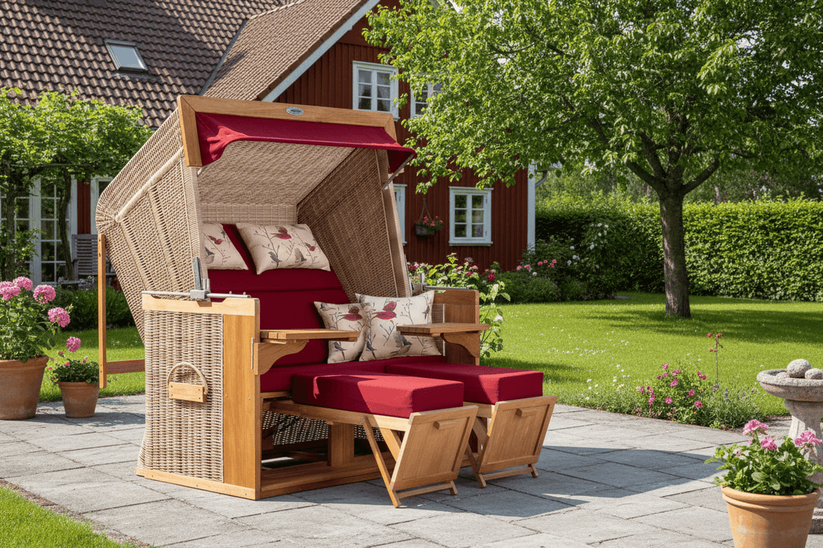 Strandkorb deVries PURE Friesland Sylt Teak PE white kubu Dessin 107 Vögel rot im Garten vor rotem Haus
