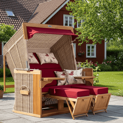 Strandkorb deVries PURE Friesland Sylt Teak PE white kubu Dessin 107 Vögel rot im Garten vor rotem Haus, Modell XL XXL
