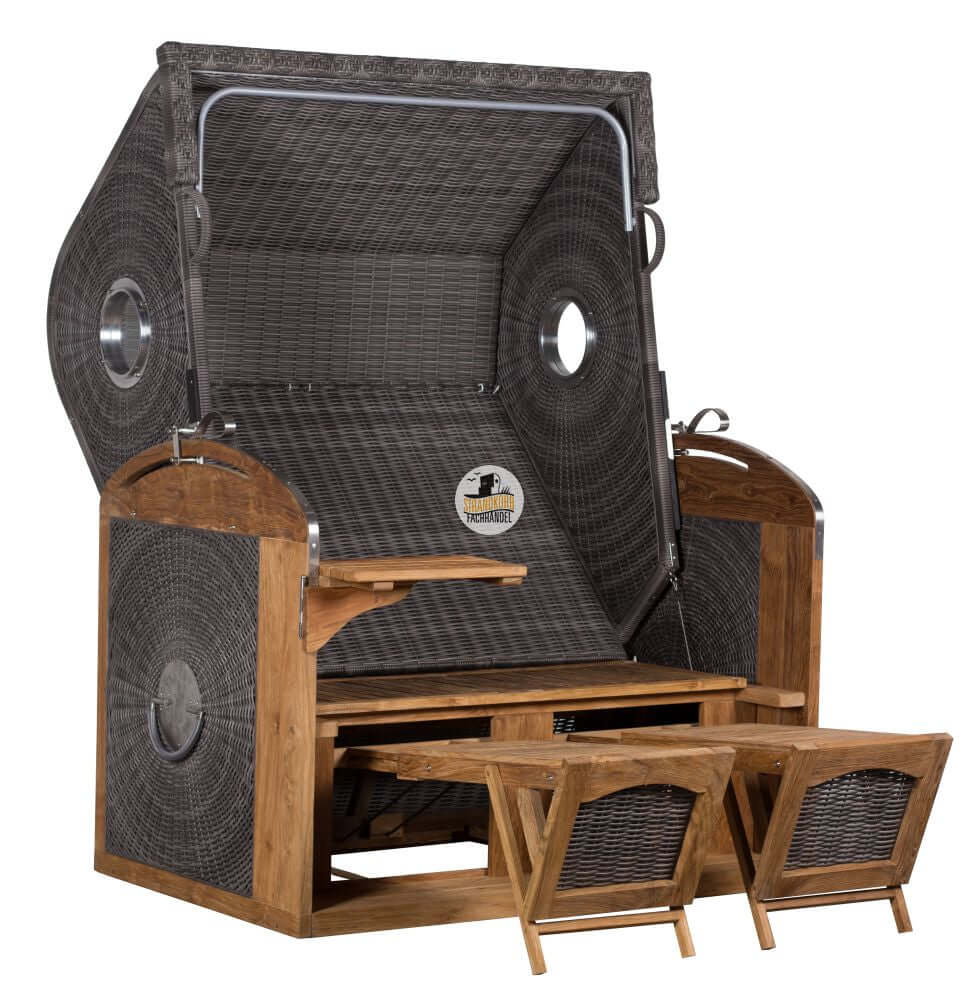 Strandkorb Sailor Teak grau taupe mit Holzgestell und seitlichen Tischchen