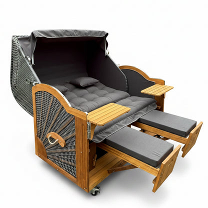 Komplettpaket C71 Strandkorb Prieß Modell Meister Holz Iroko Holz, PE Geflecht dunkelgrau, wie abgebildet, 170 cm