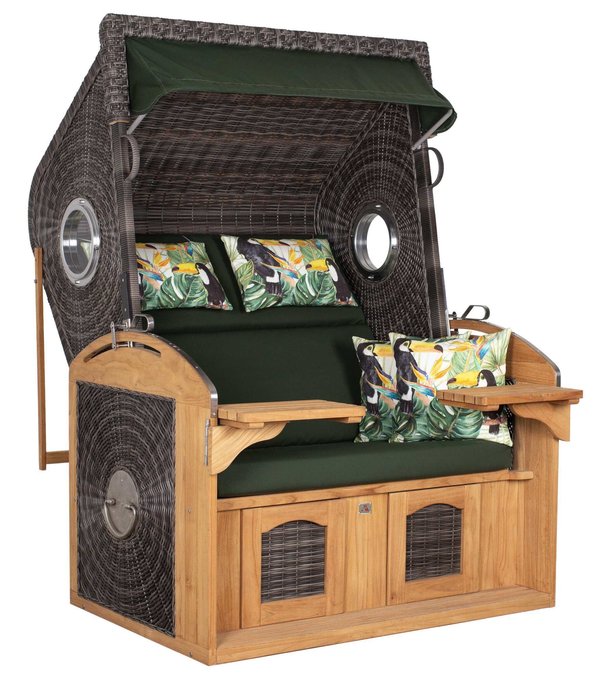 Strandkorb deVries Sailor PURE Teak XL PE stone-grey Dessin 244 mit Bullaugen und grünen Polstern, frontal freigestellt