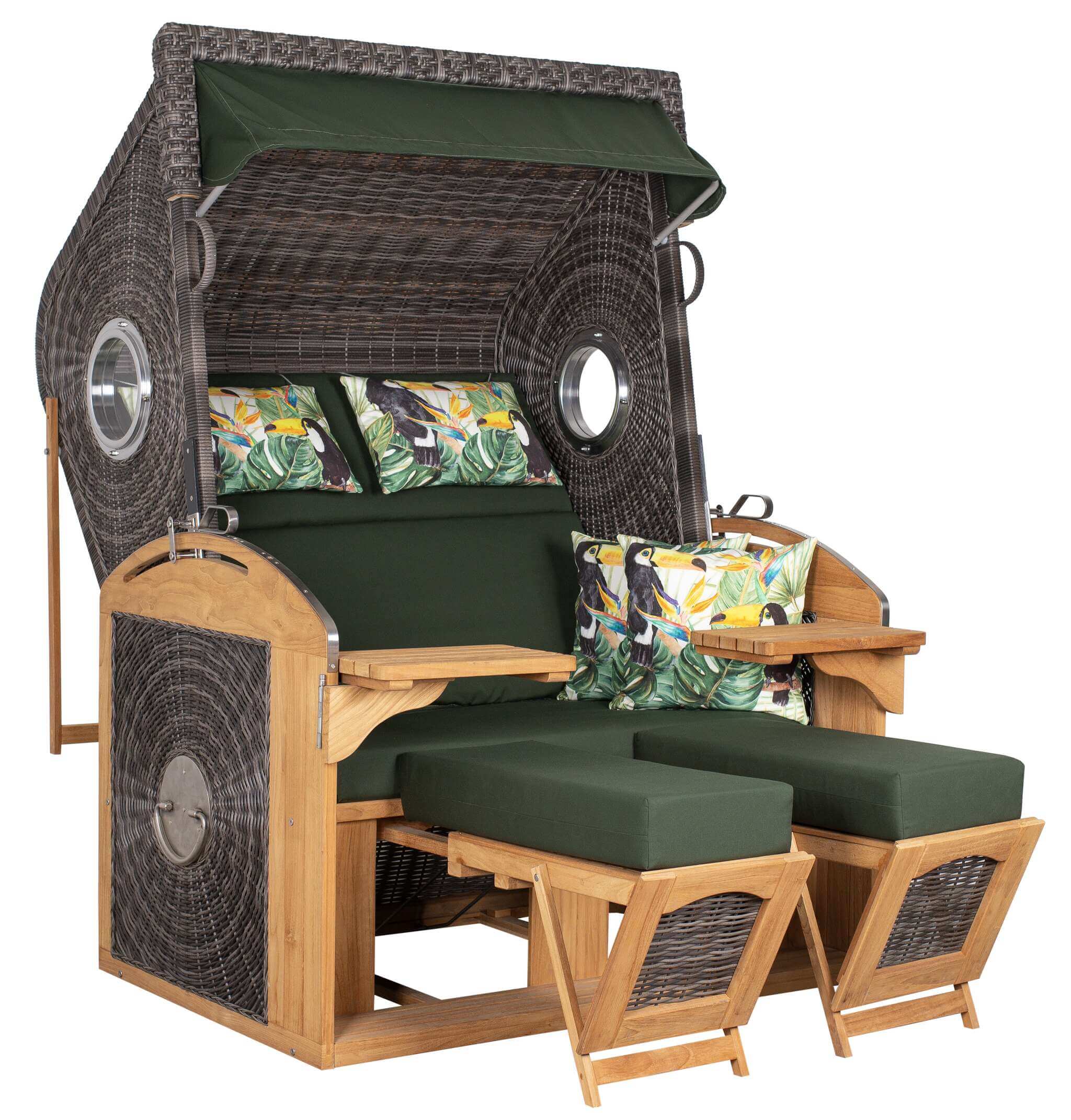 Strandkorb deVries Sailor PURE Teak XL PE stone-grey Dessin 244 mit Bullaugen und grünen Polstern, ausgeklappt mit Fußstützen