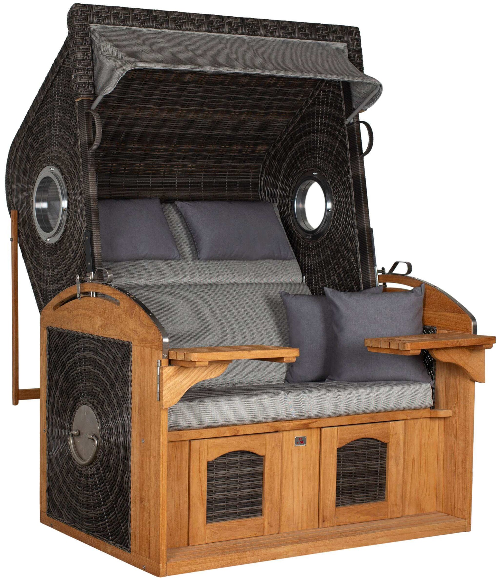 Strandkorb deVries Sailor PURE Teak XL PE stone-grey mit Bullaugen und Dessin 251 grau, luxuriöser Strandkorb für zwei Personen
