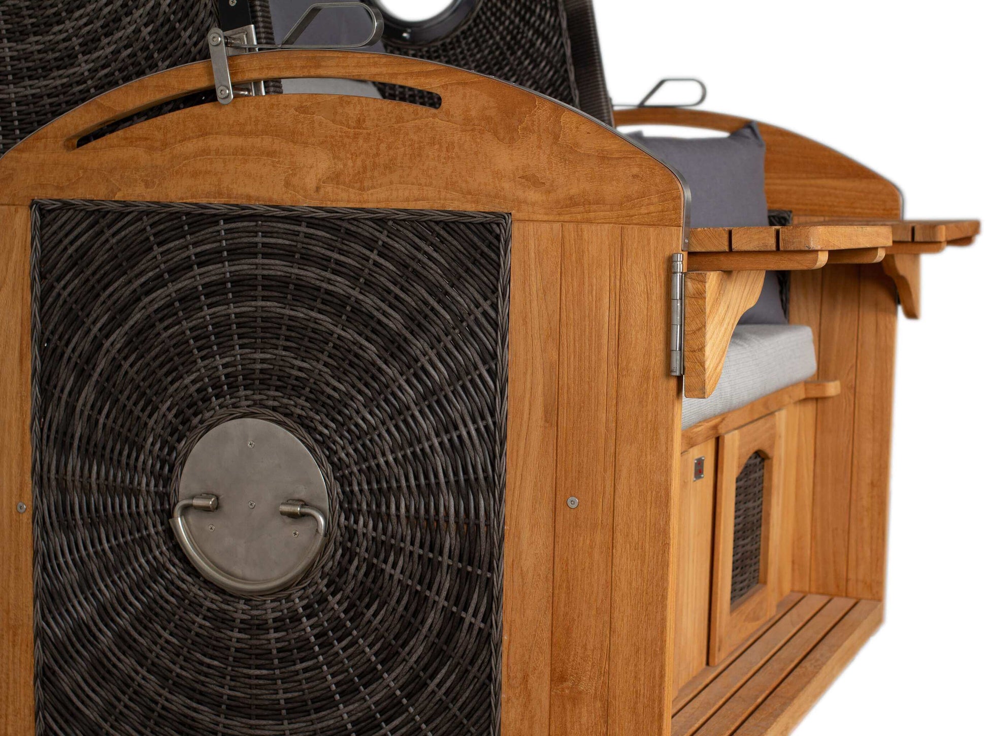 Strandkorb deVries Sailor PURE Teak XL PE stone-grey, Detail Seitenansicht mit Bullauge und Ablage, Dessin 251 grau
