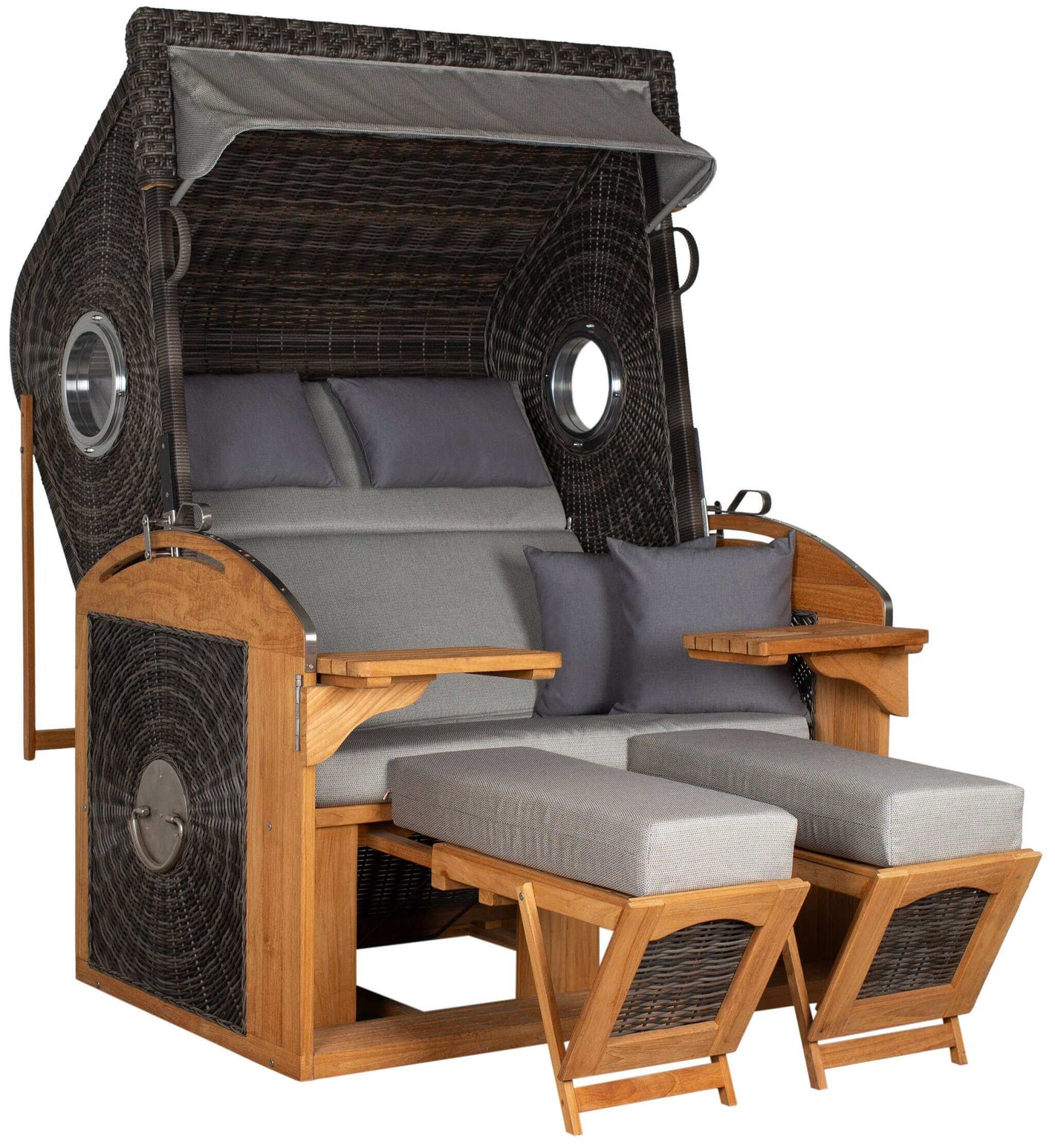 Strandkorb deVries Sailor PURE Teak XL PE stone-grey Dessin 251 grau mit Bullaugen und Fußstützen