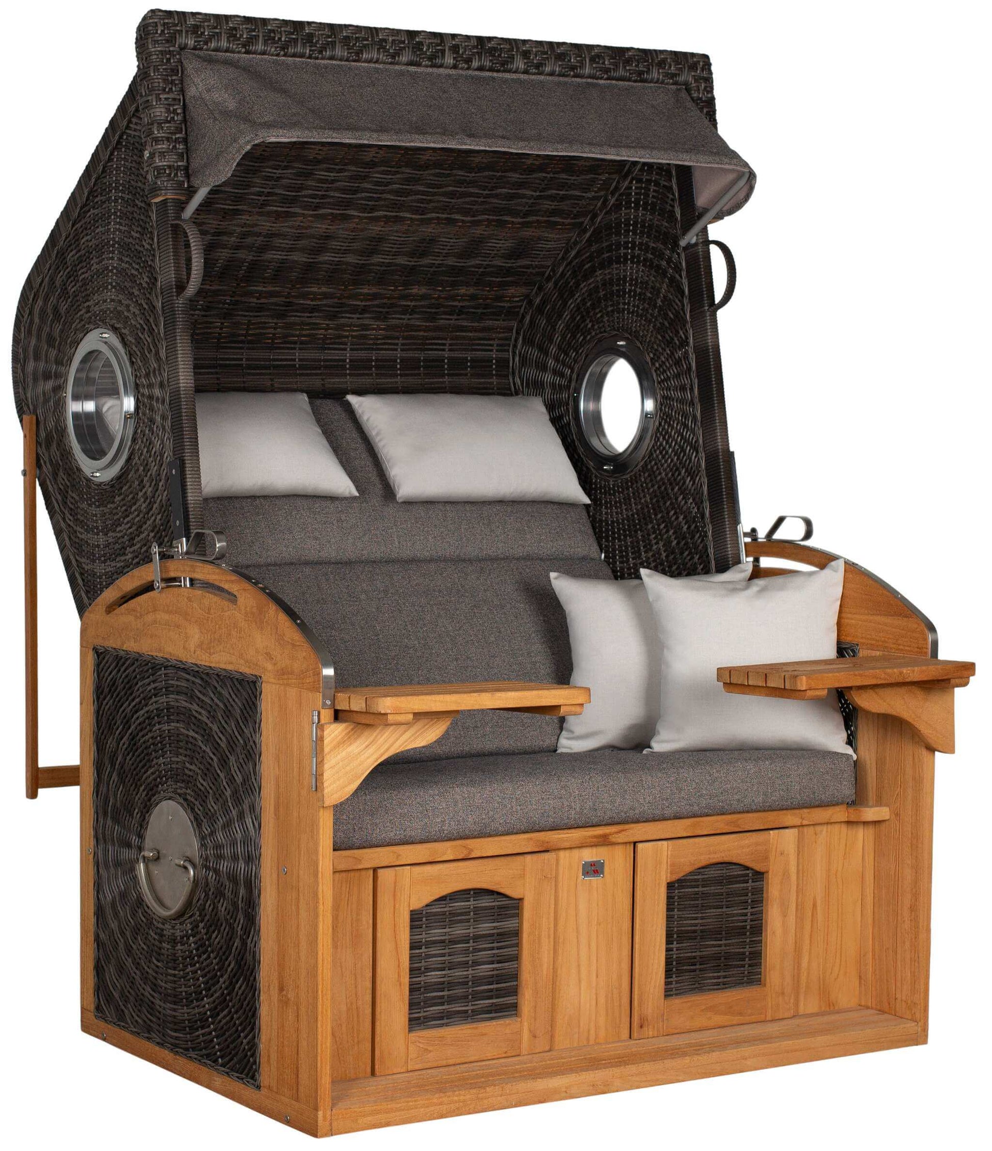 Strandkorb deVries Sailor PURE Teak XL PE stone-grey Dessin 252 mit Bullaugen und Klapptischen, Frontansicht