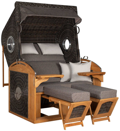 Strandkorb deVries Sailor PURE Teak XL PE stone-grey Dessin 252 mit Bullaugen und ausgezogenen Fußstützen