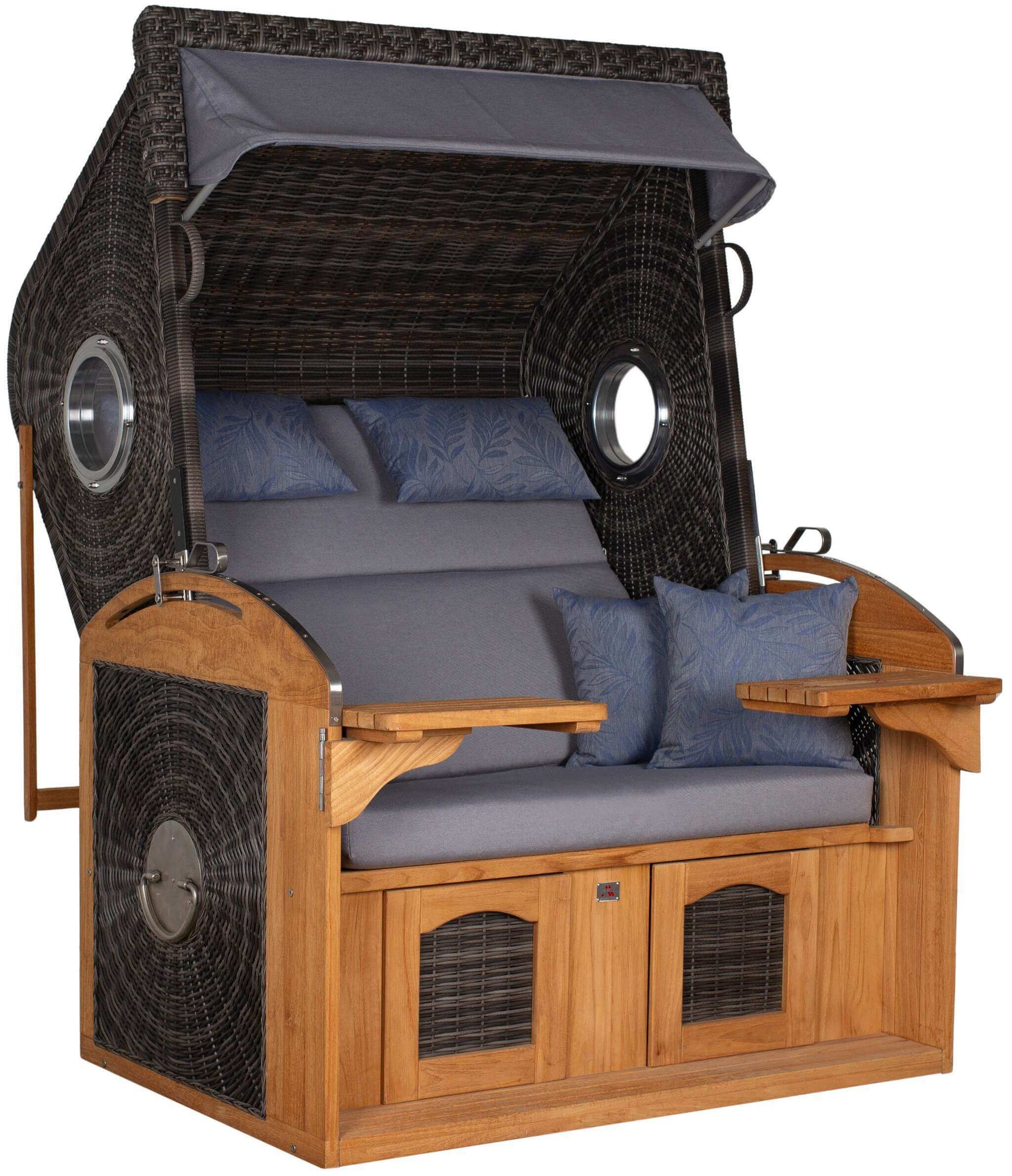Strandkorb deVries Sailor PURE Teak XL PE stone-grey Dessin 253 mit Bullaugen und verstellbarer Liegefunktion